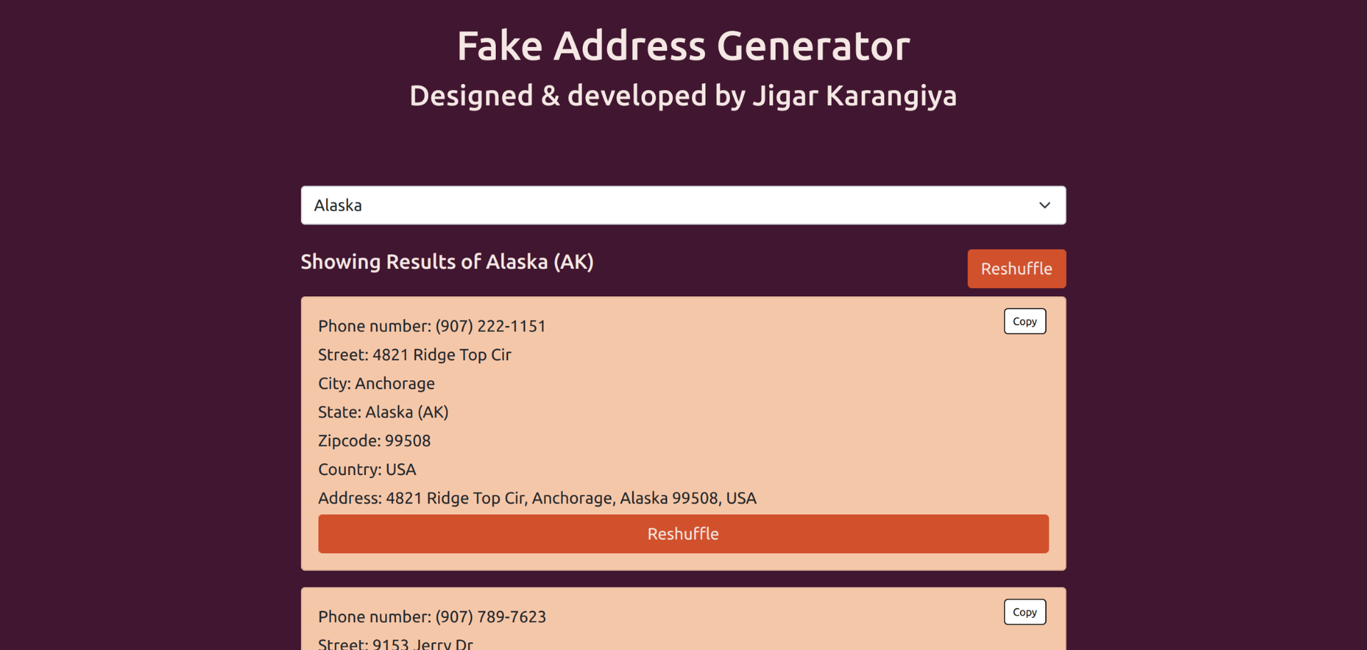 Fake Address Generator by Jigar Karangiya